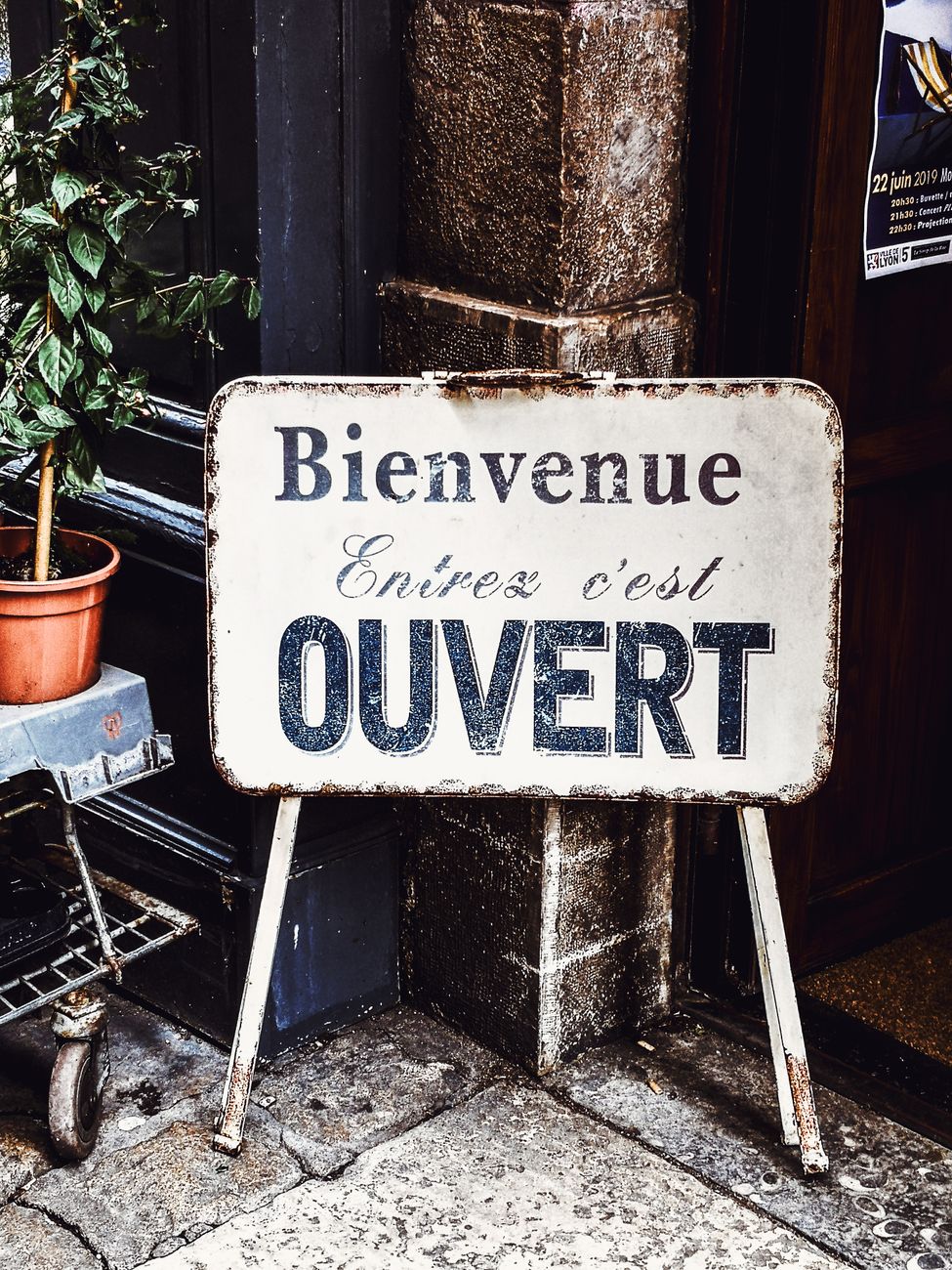 metal sign on a terrace